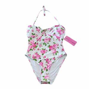 Betsey Johnson Love Always Bandeau One Piece Swimsuit Floral Roses Size L NEW